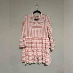 ENTRO Pink/Ivory Striped Long Bell Sleeve Mini Dress Size Small Spring Party